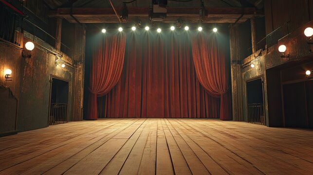 Theatrical Stage with Red Curtains and Spotlights