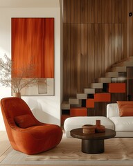 Minimalist Modern Living Room with White Walls and Wood Panels, Vibrant Orange and Red Shades, Bright Fabric Armchair, 3D Render