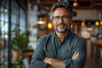 Obraz premium Confident Smiling Middle Aged Businessman Wearing Glasses in Modern Office Professional Portrait