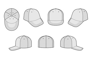 Set of Trucker Baseball Cap Hat with mesh. Summer Head Fashion accessory clothing technical illustration. Vector headgear for Men, women, unisex style, flat template CAD mockup sketch outline isolated