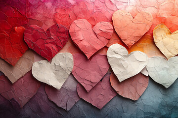 Layered paper hearts forming a romantic, textured background.