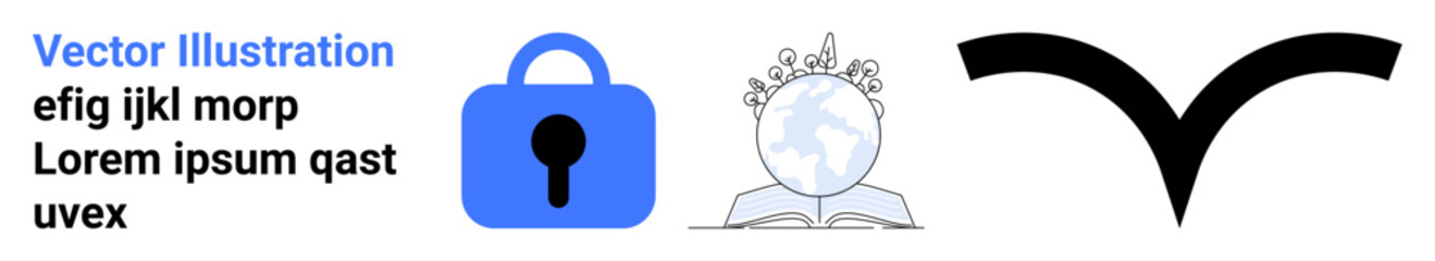 Blue lock icon, globe within an open book with growing leaves, and black check mark. Ideal for education, security, environmental, approval, compliance, digital rights, global. Banner for landing