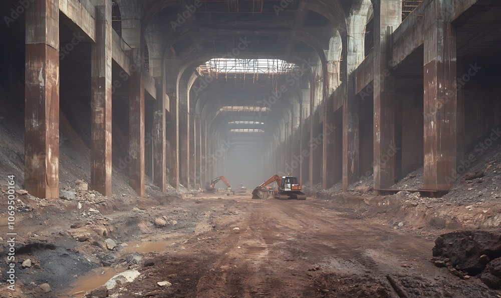 Poster a desolate, abandoned industrial space filled with debris, showcasing dilapidated structures and a h