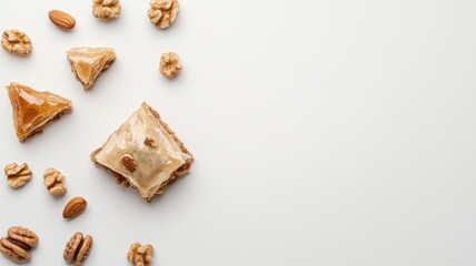 Assorted nuts and baklava pieces on light background
