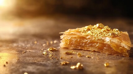 Close-up of pastry topped with edible gold flakes under soft lighting