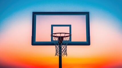 Vibrant sunset behind basketball hoop, creating colorful silhouette effect