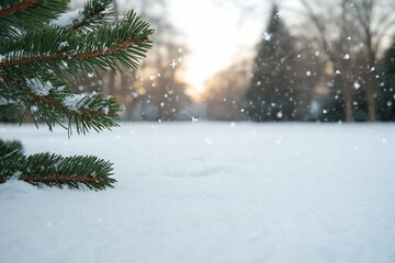 A close-up of a pine branch covered in snow with a snowy field and a sunset in the background.