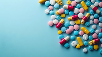 Blue Background with Colorful Pills and Capsules - Illustration