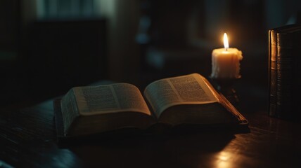 Open book on wooden table, illuminated by candlelight in dark room