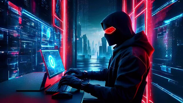A hooded figure sits in front of a computer, typing on a keyboard, with a city skyline behind them.