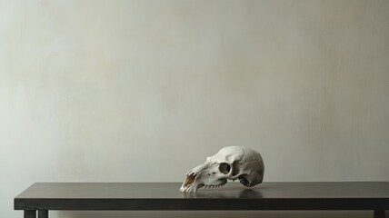 Animal skull on wooden table against muted background