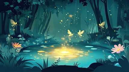 Enchanted Forest Pond with Fireflies and Flowers