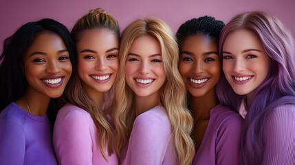 Smiling Diverse Women in Purple Sweaters - Photo