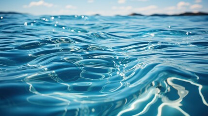 Obraz premium Close-up view of the surface of the blue sea water with ripples, waves, and sunlight reflections.