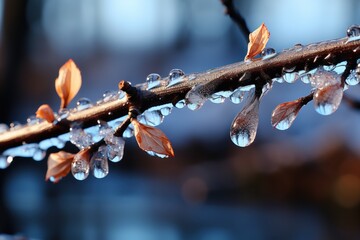 A close-up of a branch covered in ice with a few brown leaves.