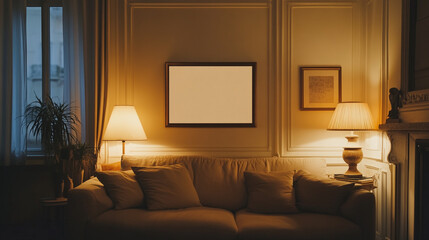 Fototapeta premium Cozy living room with a blank wall and soft lighting in an evening setting
