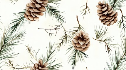 Watercolor Illustration of Pine Cones and Sprigs on a White Background
