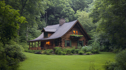 Obraz premium Rustic Log Cabin in Green Forest, Cozy Home, Wooden House, Nature Background, Peaceful Retreat