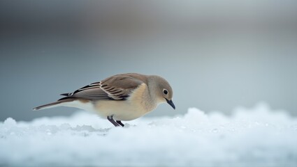 Obraz premium A bird on icy ground pecking at food, detailed feathers, soft background, winter scene. Generative, AI.