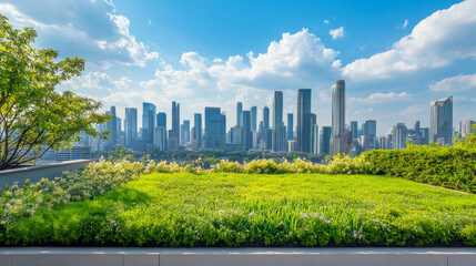 Obraz premium Green Roof Cityscape: Urban Oasis, Modern Architecture, Sustainable Design, Eco-Friendly Building, Panoramic View