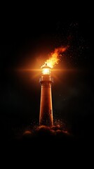 Lighthouse with flame on top, dramatic lighting in a dark atmosphere.