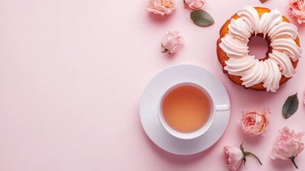 Tea with pastry and flowers on pink background