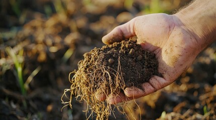 A farmer holds fertile soil with roots in a field during a sunny afternoon