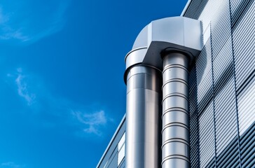 Obraz premium Modern industrial architecture showcases elegant metal pipes against vibrant blue sky