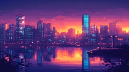Fototapeta premium Cyberpunk Cityscape Dusk: Glowing Towers, Reflections, Digital Art