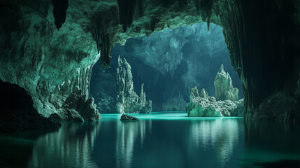 Underground River in Karst Cave: Teal Waters, Stalactites, and Rock Formations