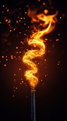 Spiraling flames with sparks on a dark background.
