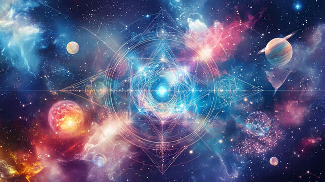 Abstract art of sacred geometry shapes with stars, planets, and a mystical aura, symbolizing spiritual connection, cosmic energy, balance, enlightenment, and celestial power. Celestial. Illustration