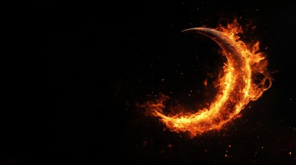 Fototapeta premium Stylized flaming crescent shape on a black background.