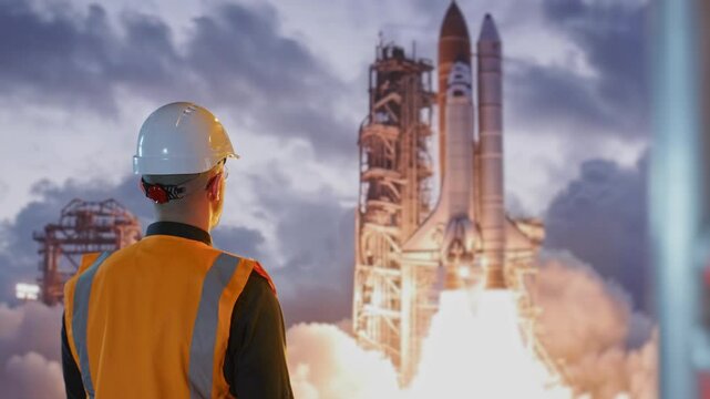 Ground Control Engineer Watching Space Shuttle Launch Technology Industry Progress Future