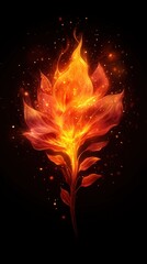Vibrant and fiery flower with orange flames on a black background.