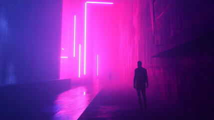 Cyberpunk Cityscape: Neon Lights, Foggy Alley, Futuristic Architecture, 3D Rendering, Background