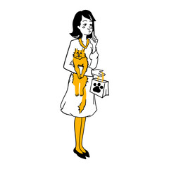 Woman with cat thinking about shopping in pet shop. Girl with domestic kitty and zoo paper bag thoughts in veterinary store. Hand drawing cartoon line flat vector illustration isolated on white