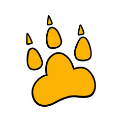 Cat or dog paw outline. Cute animal pets footprint. Black and yellow simple line foot trail print. Cartoon flat doodle hand drawn vector illustration isolated on white background 