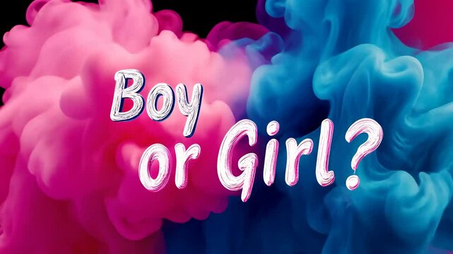 Bright pink and blue smoke swirls around the question "Boy or Girl?" suggesting a gender reveal. The image conveys anticipation and celebration connected with revealing a new baby's gender.