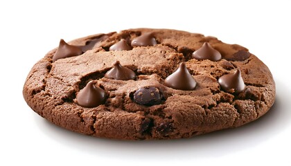 Fototapeta premium Close-up of a delicious chocolate chip cookie with melted chocolate chips on a white background.