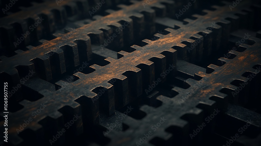 Poster a close-up of a textured metal surface featuring interlocking patterns, showcasing a combination of 