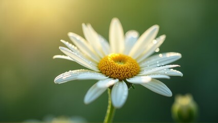 Obraz premium Close-up of a dew-covered daisy against a soft-focus green background, highlighting nature’s delicate beauty. Generative, AI