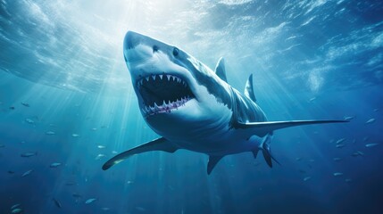 Fototapeta premium Fierce underwater predators showcase aggression with sharp teeth and warning sign.