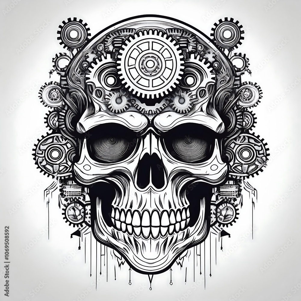 Poster a detailed illustration of a human skull with intricate gears and cogs surrounding it, evoking a ste