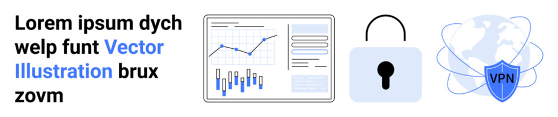Business data analytics charts, security lock, VPN shield, world map. Ideal for cybersecurity, VPN services, online privacy, data analysis, global connectivity, internet security, technology. Landing