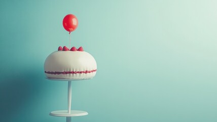 Fototapeta premium White cake with strawberries and red balloon on stand