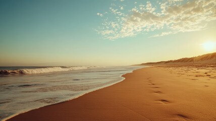 Obraz premium Tranquil beach with gentle waves at sunrise Footprints on serene sandy shore