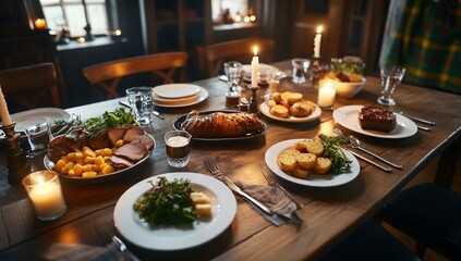 Fototapeta premium A rustic wooden table set for a medieval feast with roasted meat, potatoes, salad and candles.