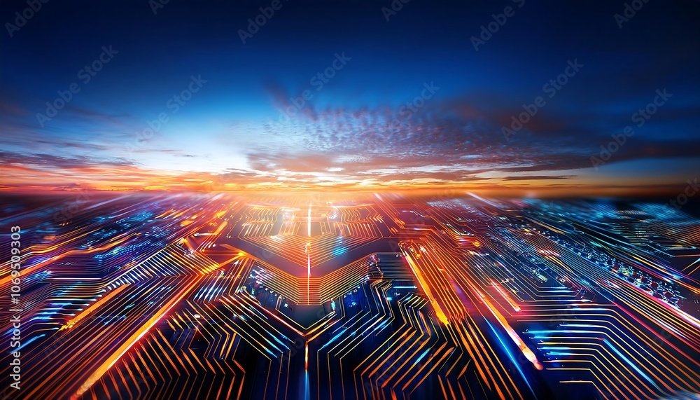 Poster Abstract digital circuit board with glowing lines in a futuristic landscape.