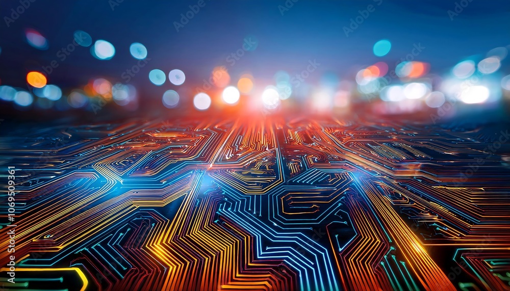 Poster abstract glowing circuit board pattern with blurred city lights background.